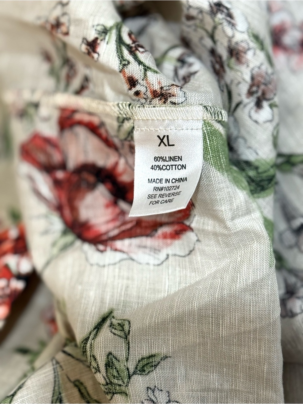 Linen Blend Floral Print Button-Down Women’s Shirt in Beige - Picture 4 of 4